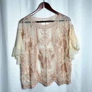 Altar’d State Embroidered Sheer Lace Blouse Cream Nude Ruffle Sleeve Size M